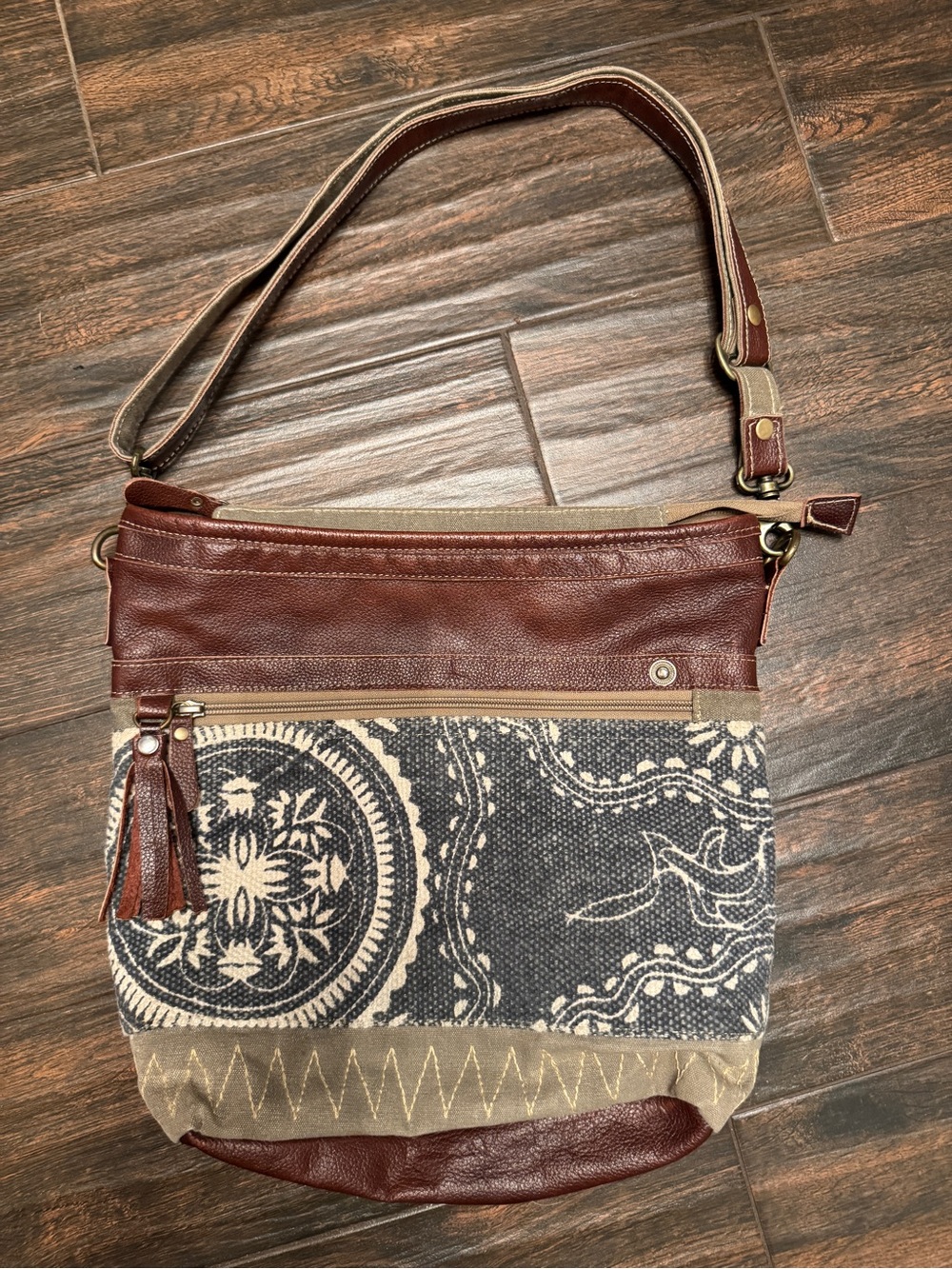 Myra Leather Canvas Embroidered Crossbody Boho Messenger Bag